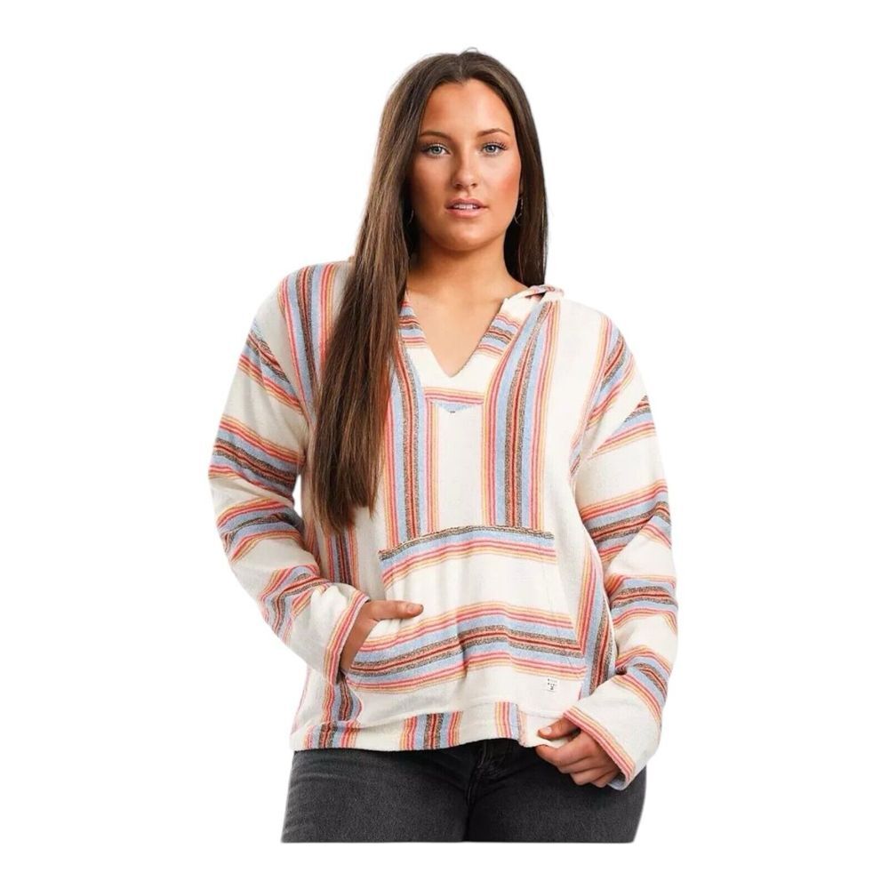 Billabong Terry V-Neck Pullover Hoodie‎ White Coral Stripe Women's Sz XS Cropped